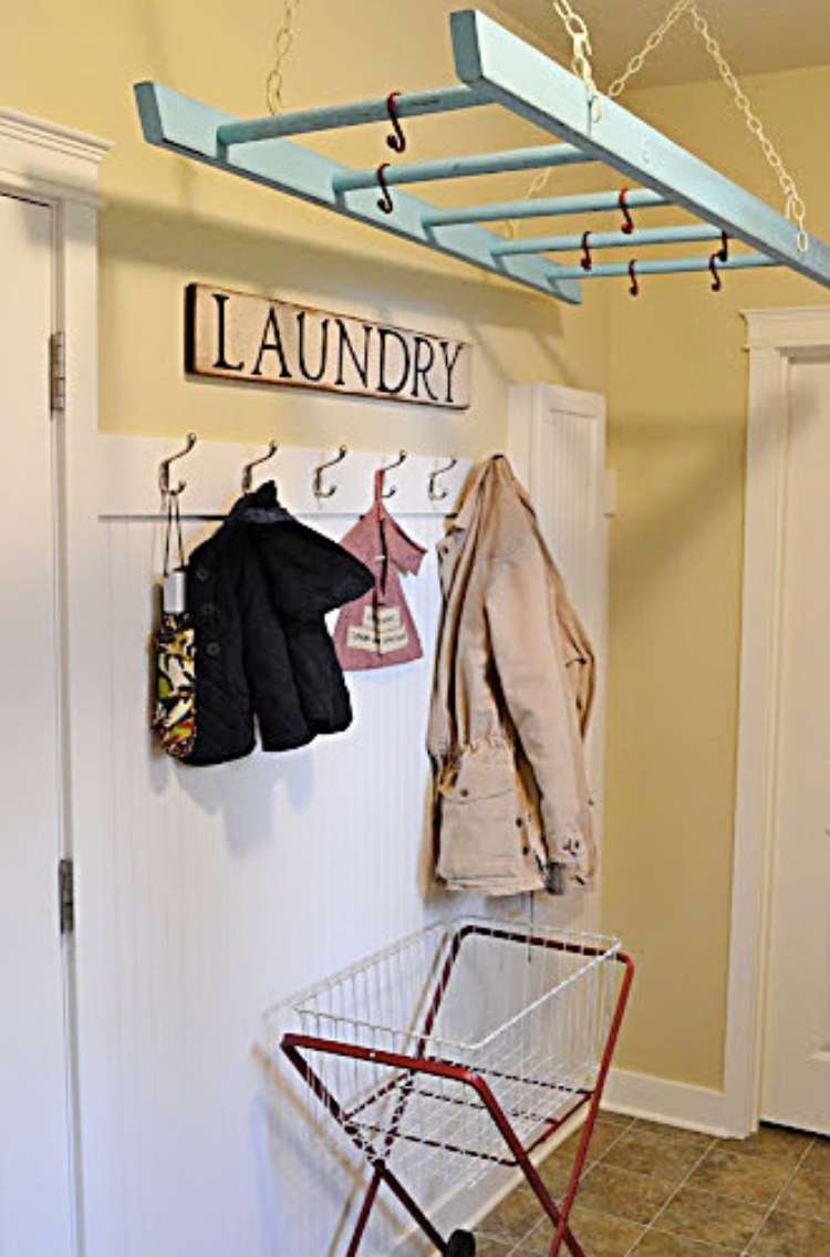 OneCrazyHouse Fastest way to dry clothes laundry room with a ladder hanging from ceiling as a clothes drying rack