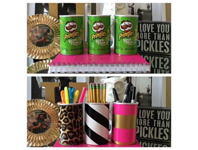 Pringles mini cans repurposes as office supply holders