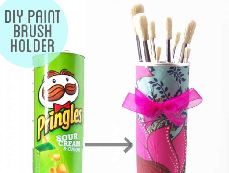 OneCrazyHouse Pringles Can Hacks Pringles can before and after photo, transformed to a wrapped paint brush holder.