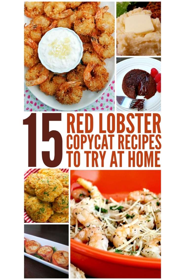 OneCrazyHouse Red Lobster Copycat recipes Photo collage, pile of biscuits, plate with cooked shrimp, bowl with homemade tartar sauce, lobster pizza closeup with title card in the middle