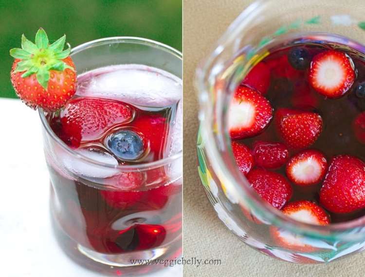 OneCrazyHouse Red Lobster Copycat recipes photo collage, glass of berry sangria with strawbeery as garnish, top view of glass of berry sangria.