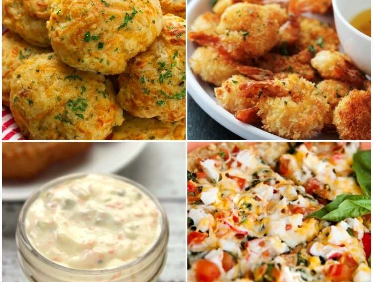 OneCrazyHouse Red Lobster Copycat recipes Photo collage, pile of biscuits, plate with cooked shrimp, bowl with homemade tartar sauce, lobster pizza closeup