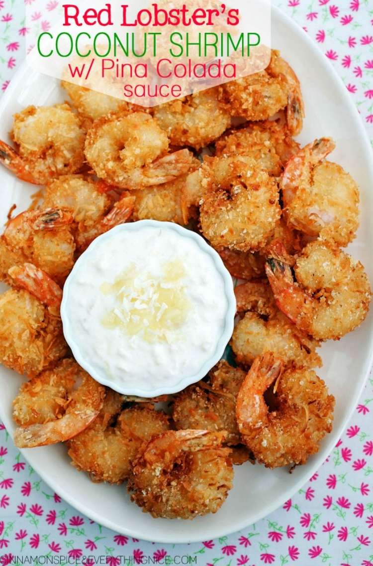 OneCrazyHouse Red Lobster Copycat recipes plate of fried coconut shrimp with ramaken of pina colada sauce in the middle