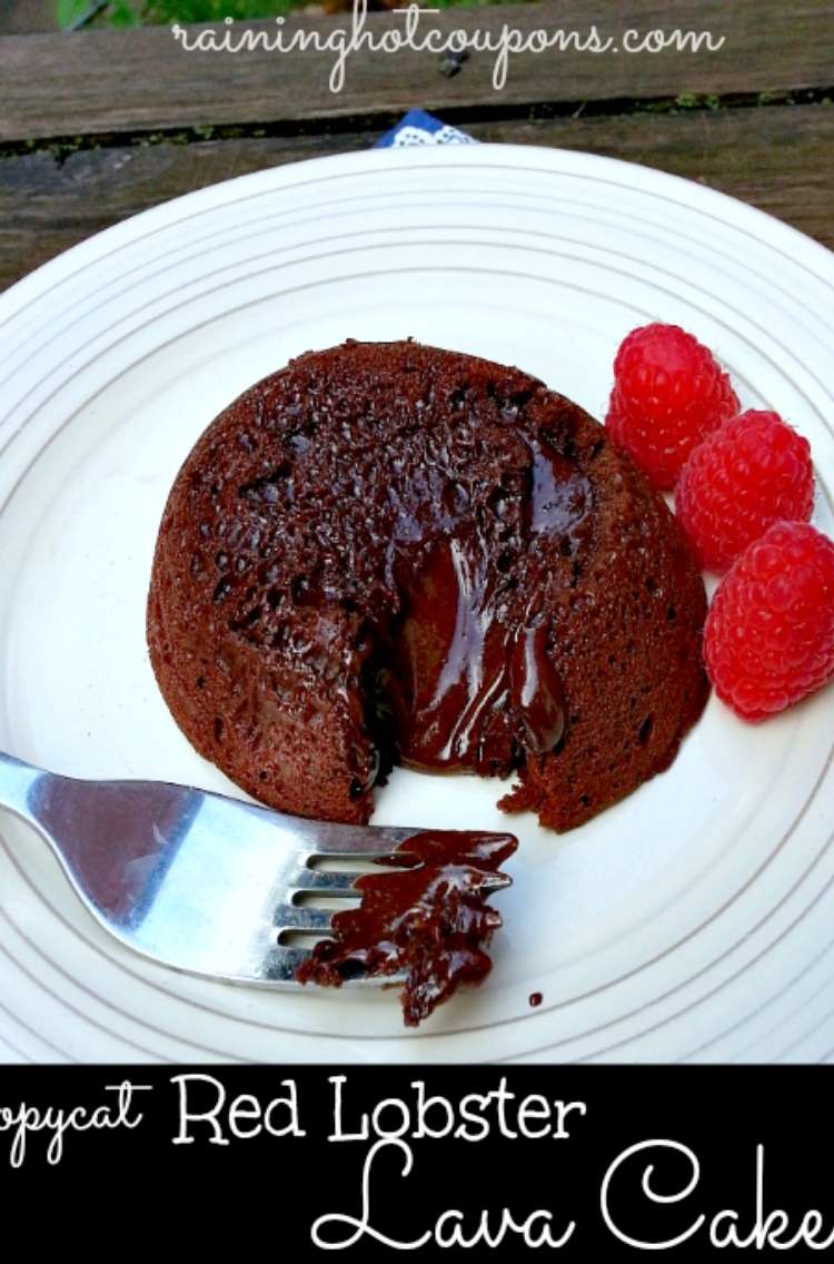 OneCrazyHouse Red Lobster Copycat recipes plate with molten chocolate lava cake with raspberries and fork beside sliced open cake.