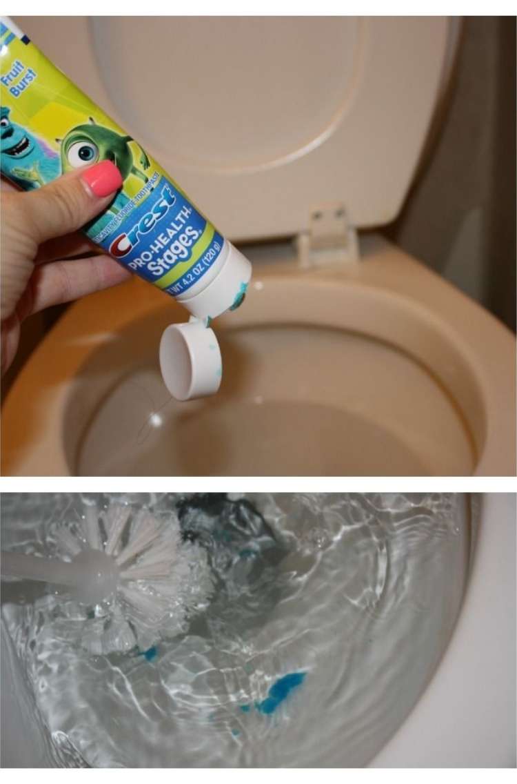 Collage of 2 photos. Hand holding a tube of toothpaste squeezing it out over toilet, brush inside of toilet bowl scrubbing toothpaste that was applied. 