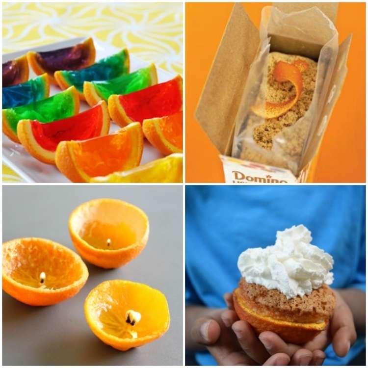 orange peel uses - photo collage of jello, brown sugar, DIY candles, and cupcake