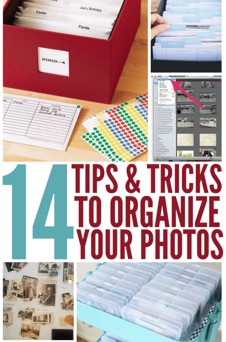 14 tips & tricks to organize your photos using clear photo boxes, photo dividers and tabs, index cards and stickers.