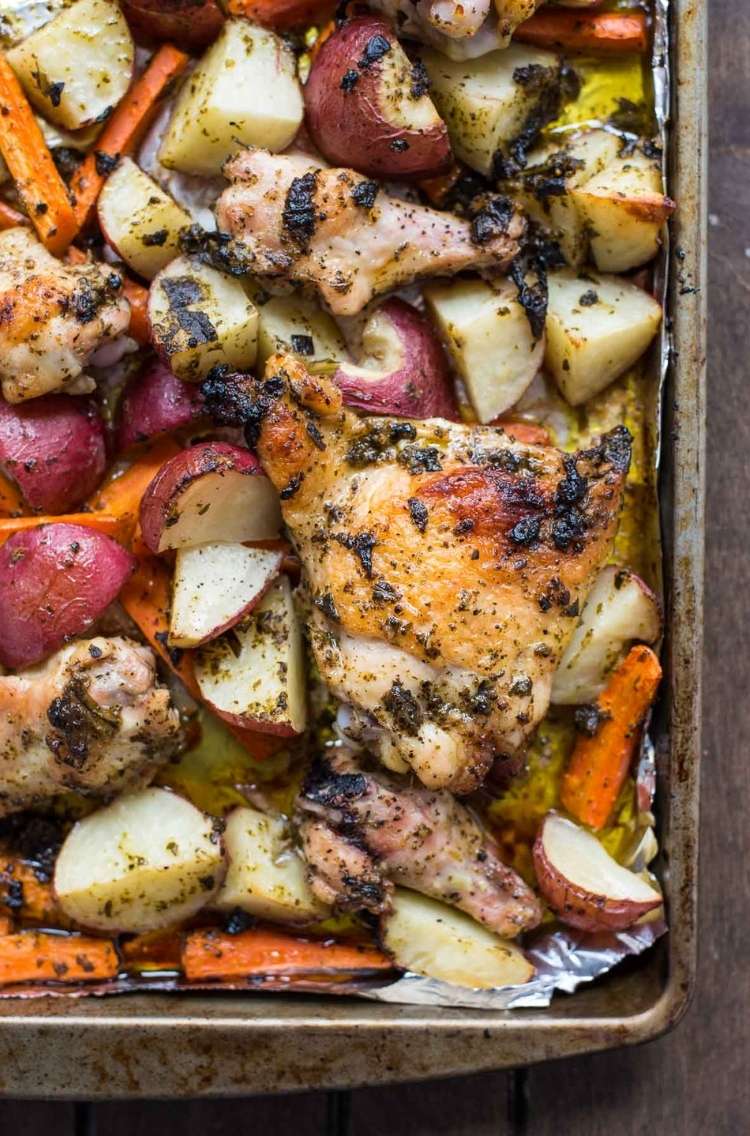 One Pan Chicken Pesto Dinner : Chicken thighs, red skin potato halves, carrots, and pesto sauce