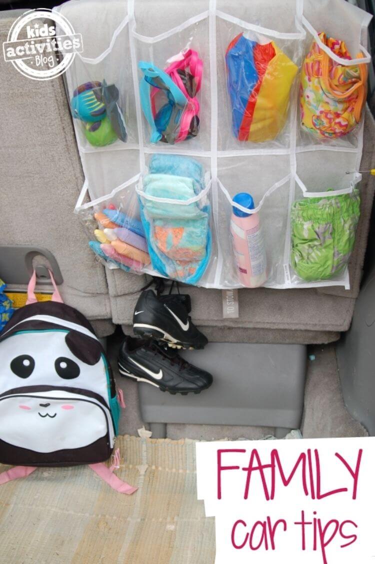 Car organization hack - plastic shoe organizers in trunk