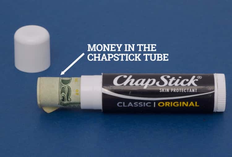 Travel hack cash in a Chapstick tube to easily hide it from thieves