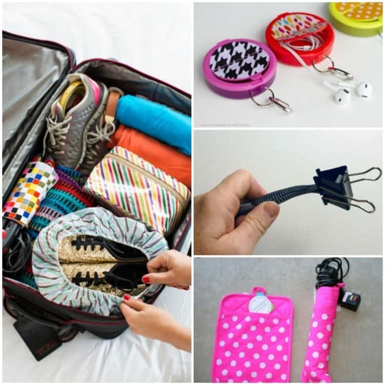 Travel hacks, collage luggage-shoes in shower cap, clip on end of razor, pot holder wrapped around curling iron