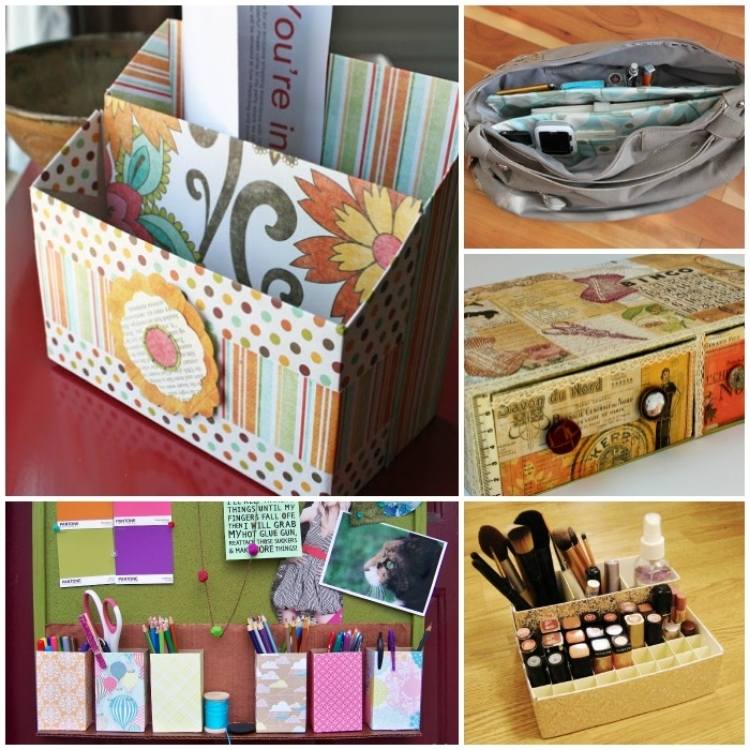 collage of cereal box organizers - letter supply organizer, makeup organizer, box of drawers, purse organizer, small office supply organizer using mini cereal boxes