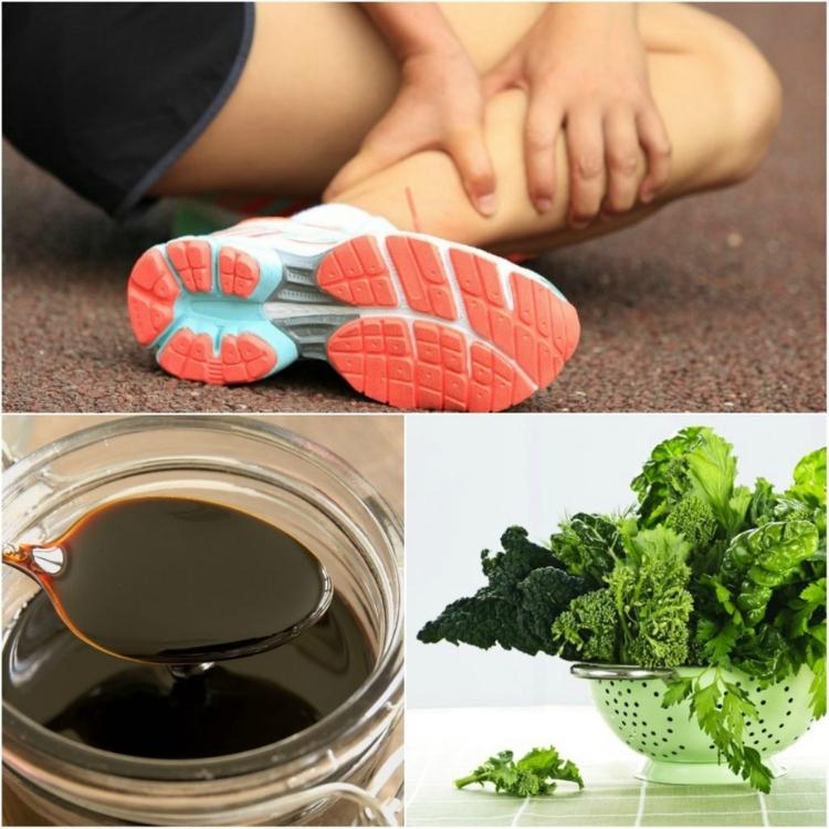 How to Stop Leg Cramps Immediately with Home Remedies - a woman holding her leg because of leg cramps, a tablespoon of black molasses scooped from a jar, a bunch of green leafy vegetables placed in a coriander.