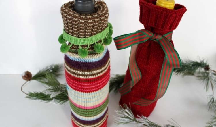 Wine bottles wrapped in adorable sweater bags to make perfect gift