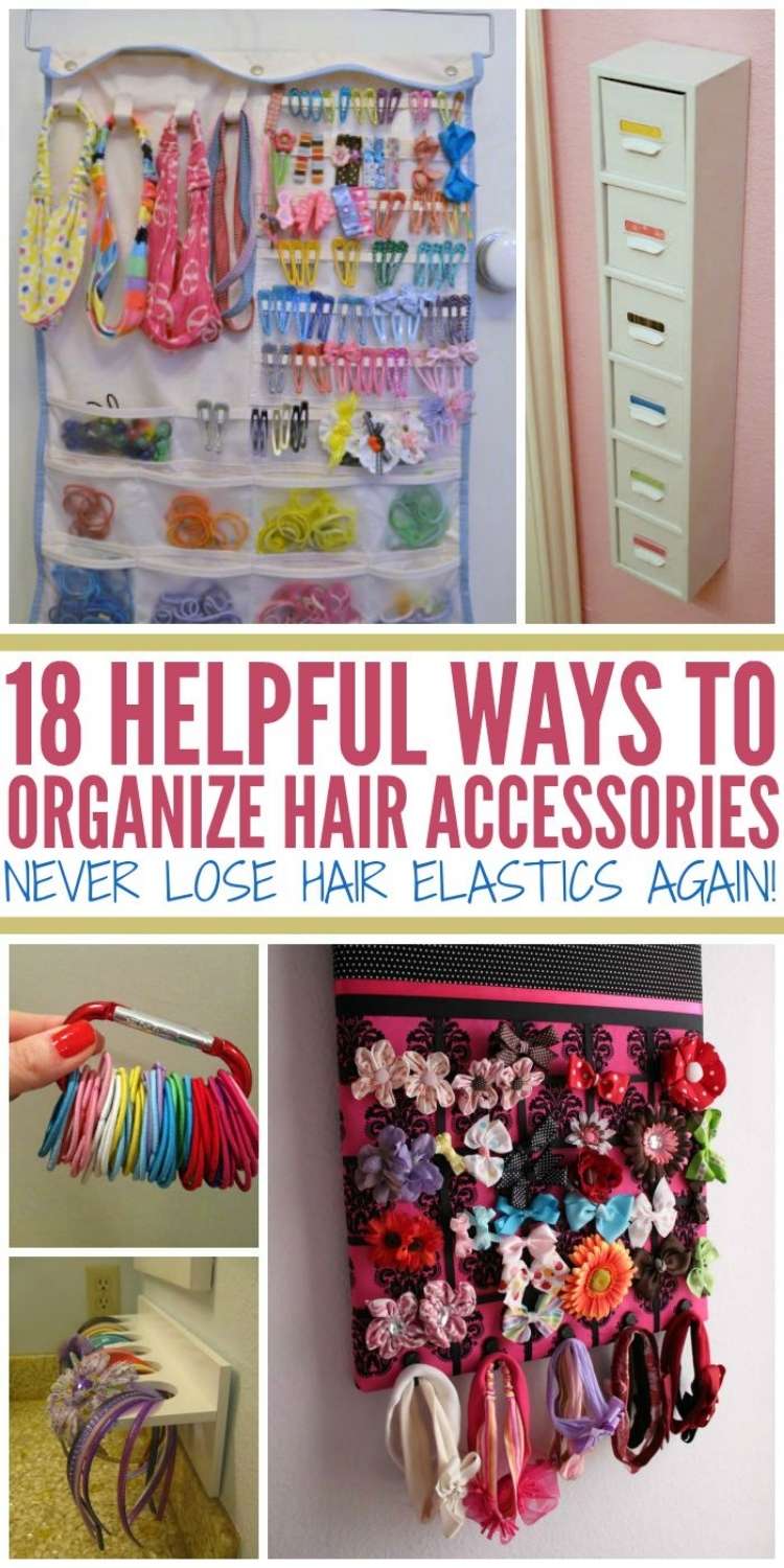 18 Helpful Ways to Organize Hair Accessories collage Hair bands on a D-ring, hair accessories in a embroidery floss try, small file drawers for clips, hanging hair bows on strands of ribbon 