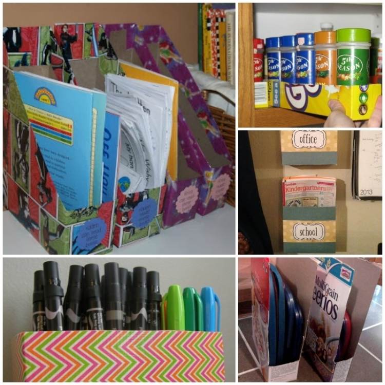 college of cereal box organizers - paper and file organizer, spice organizer, marker and pen organizer, tupperware lide organizer