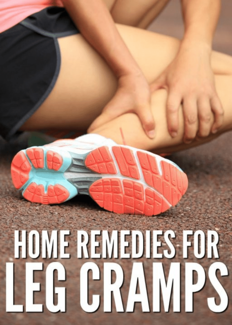 Title banner for remedies for leg cramps, a woman holding on her legs in pain because of leg cramps