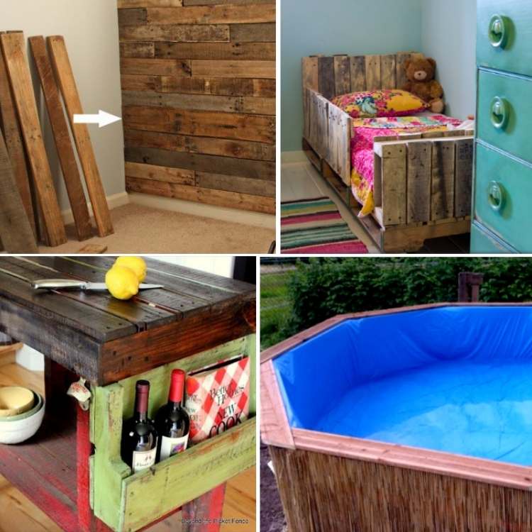 DIY pallet ideas collage - nursery wall, toddler bed, island, swim pool