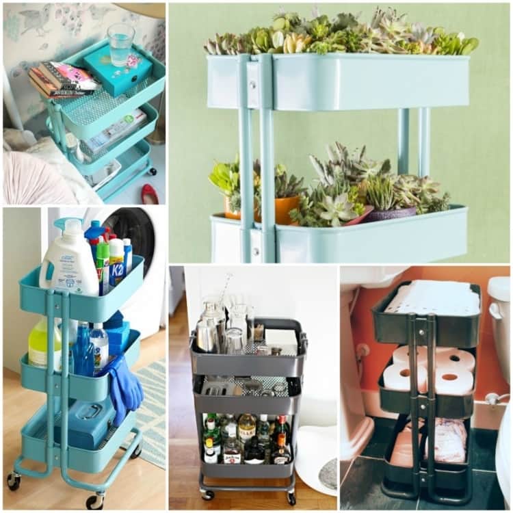 Ikea Raskog Carts - collage showing photos of cart used as a nightstand, cart holding succulent plants, cart with laundry supplies, rolling bar cart, and cart used as bathroom storage