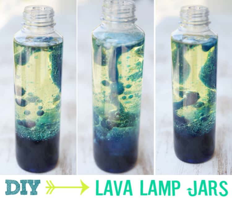 baby oil uses - 3 images of a DIY lava lamp made from baby oil, water, and an anti-acid 