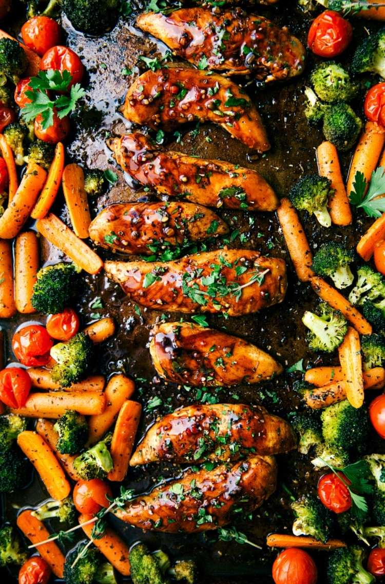 One pan dinner: balsamic chicken, roasted vegetables- carrots, broccoli, grape tomatoes, 