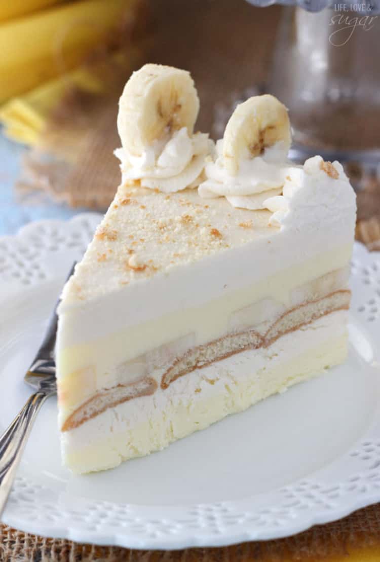 A slice of banana pudding icebox cake with banana slices on top