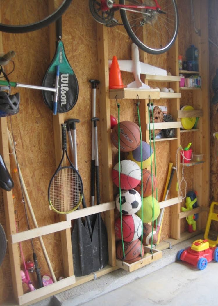 ball cage made of bungee cords in the garage