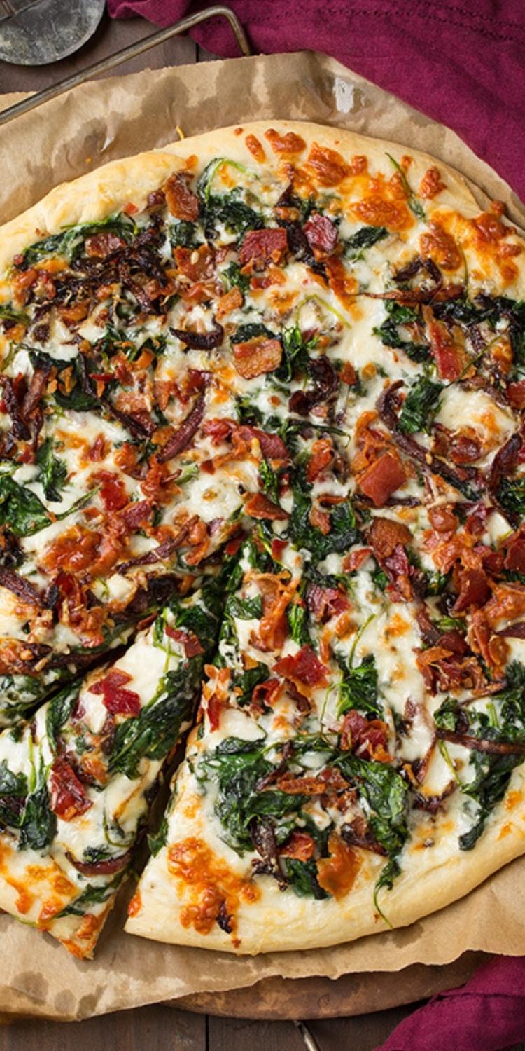 Caramelized Onions, bacon, and spinach pizza topping ideas. Gourmet flatbread pizza recipes. 