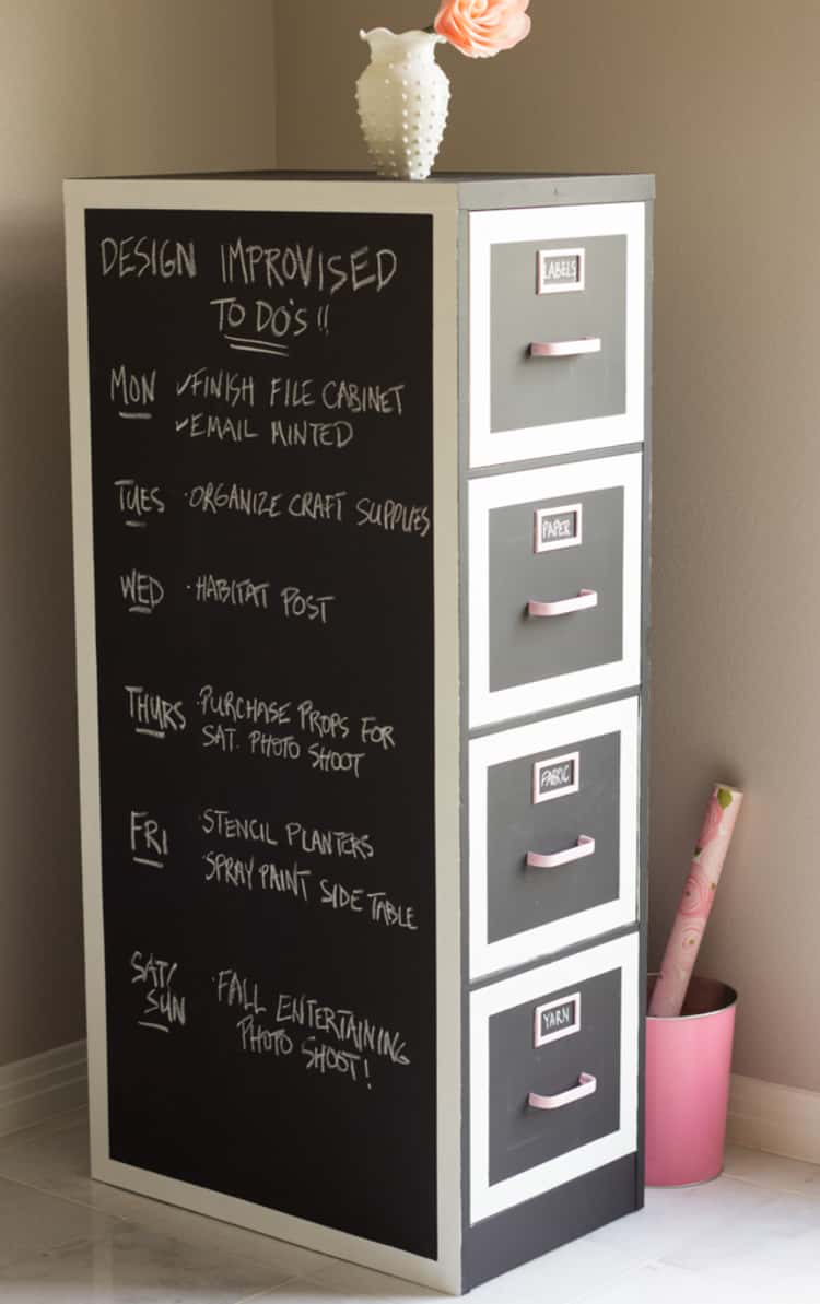 grey cabinet with a made over chalkboard side 