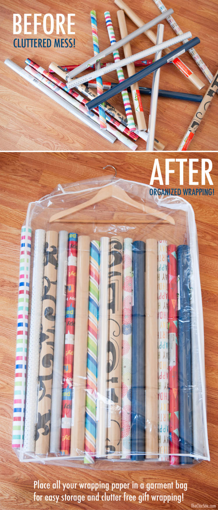 Storage idea - wrapping paper stored neatly in a garment bag to keep it organized and hung in a closet.