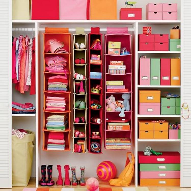 hanging storage in closet for organizing toys and clothes