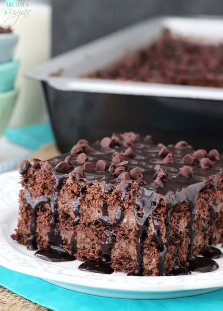 Death by Chocolate Icebox Cake topped with chocolate sauce and chocolate chips