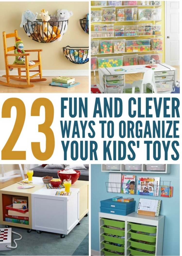 fun and clever ways to organize toys - photo of books and stuffed animals in hanging baskets on walls, clear plastic bins, and pull out tubs in desk drawers. 