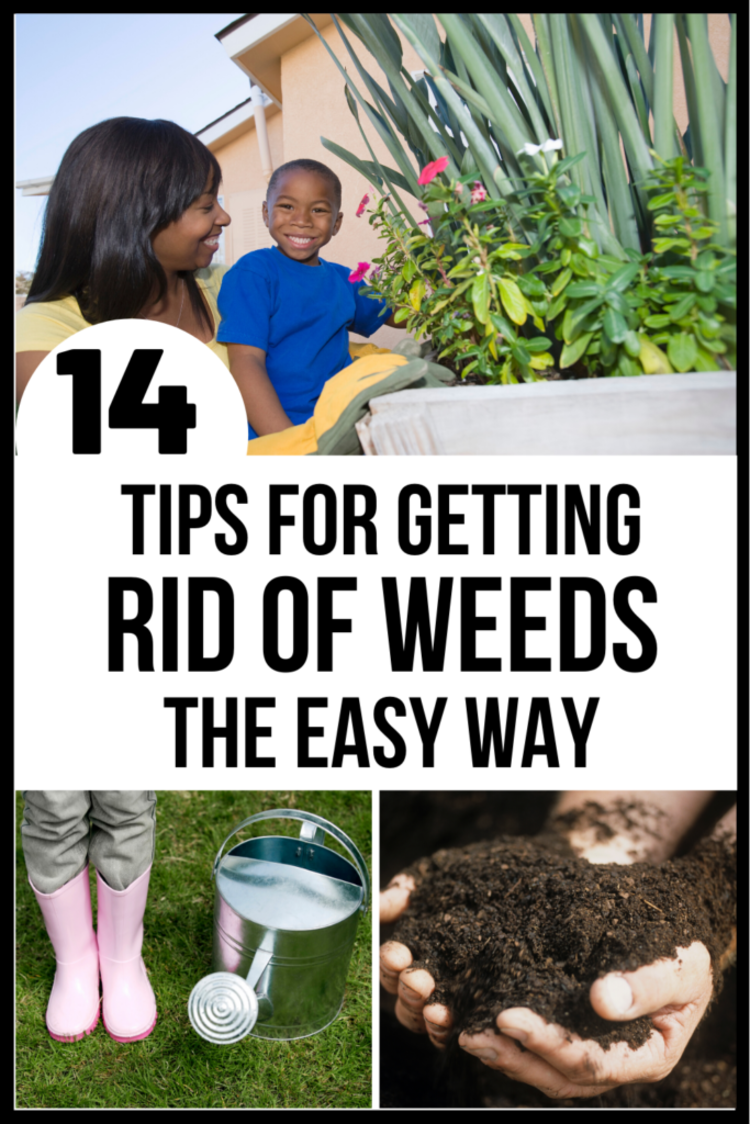 a 3-photo collage of smiling woman and child tending to garden, person's feet in a pair of pink mud boots next to a silver watering can, and a person's hands holding a lump of soil.