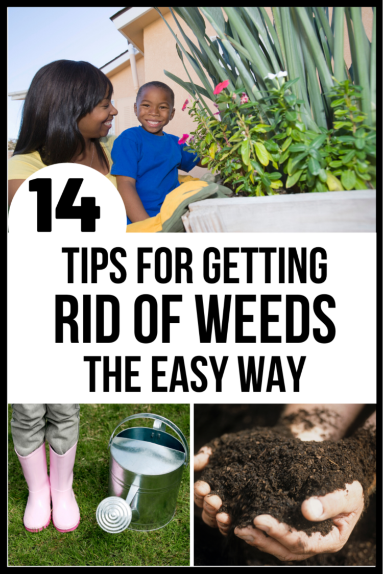 a 3-photo collage of smiling woman and child tending to garden, person's feet in a pair of pink mud boots next to a silver watering can, and a person's hands holding a lump of soil. 