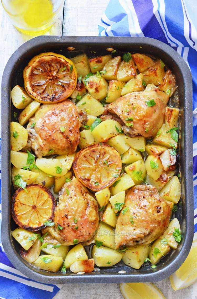 Chicken sheet pan dinner: greek chicken, olive oile, lemon, herbs, and potatoes