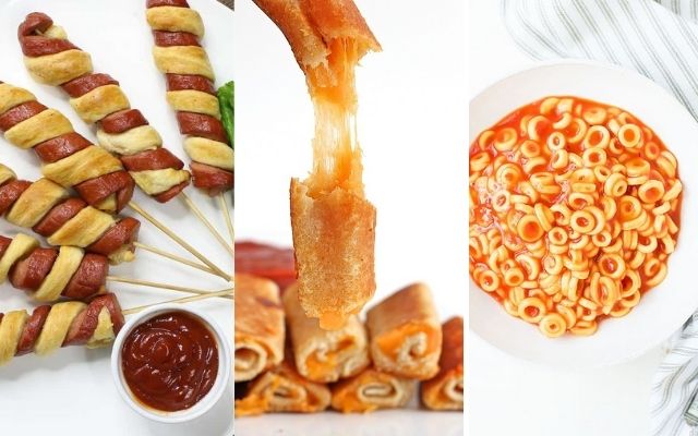 kid lunch ideas - hot dogs, grilled cheese sticks, and spaghettios