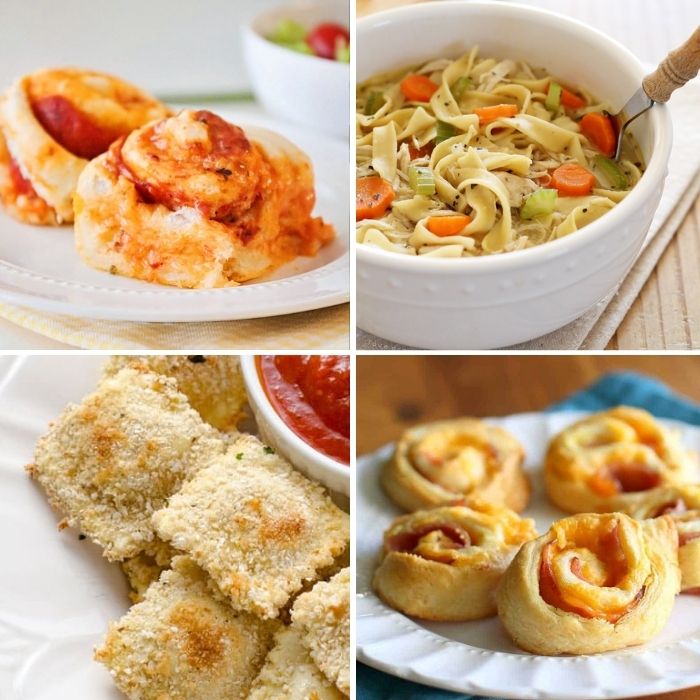 pizza rolls, chicken soup, baked ravioli and pinwheels