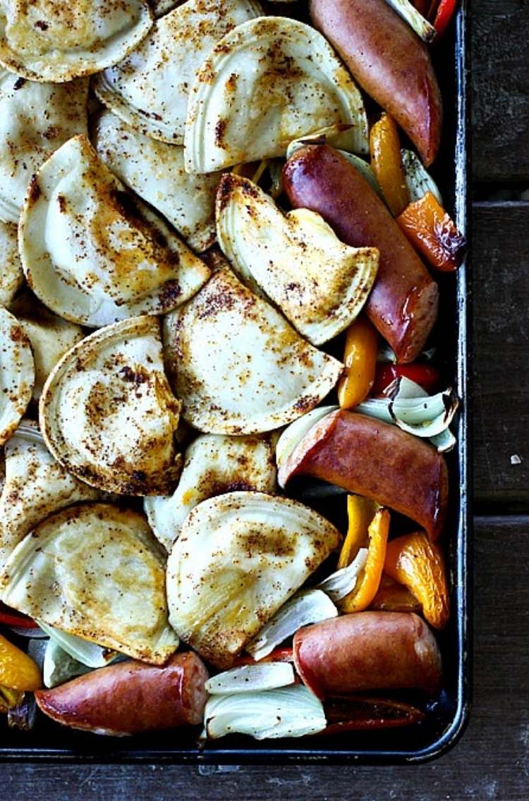 Sheet pan dinner: Kielbasa, and perogies