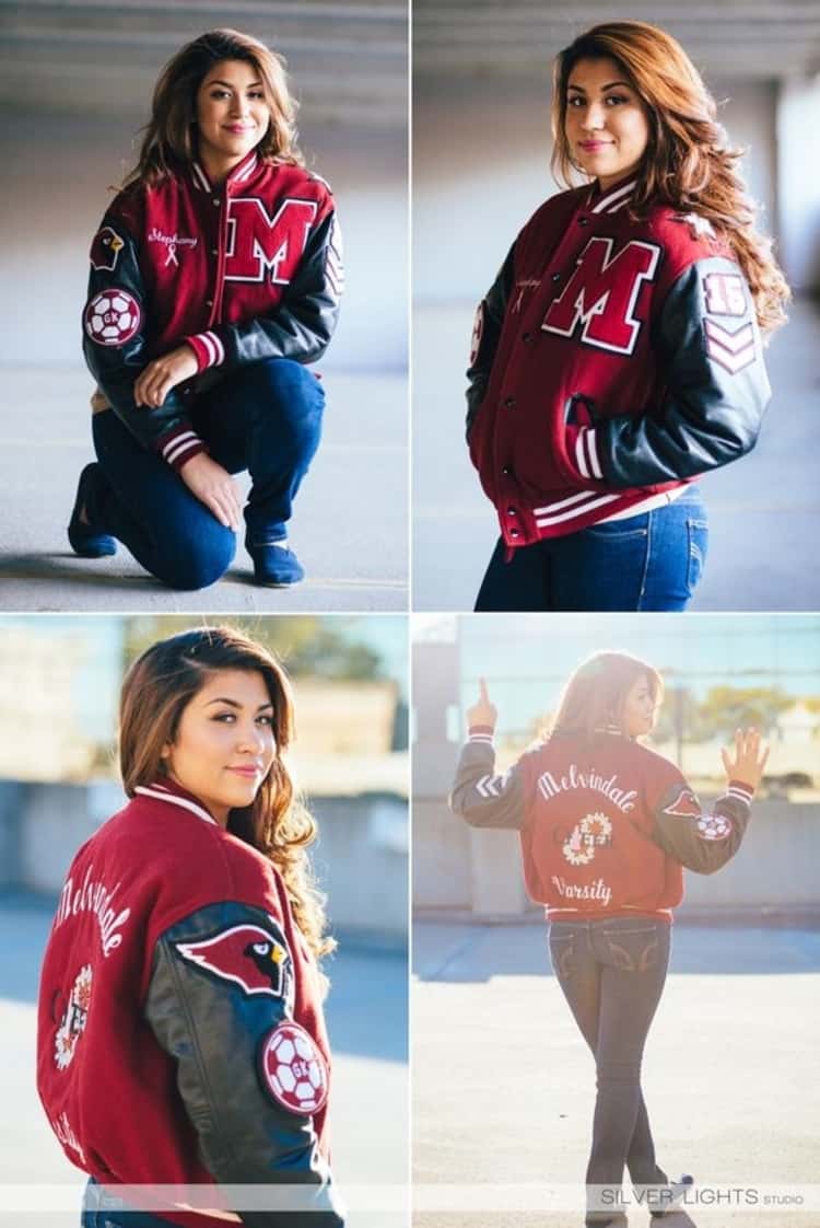 Senior picture ideas for girls - girl in letterman jacket in 4 different oses 