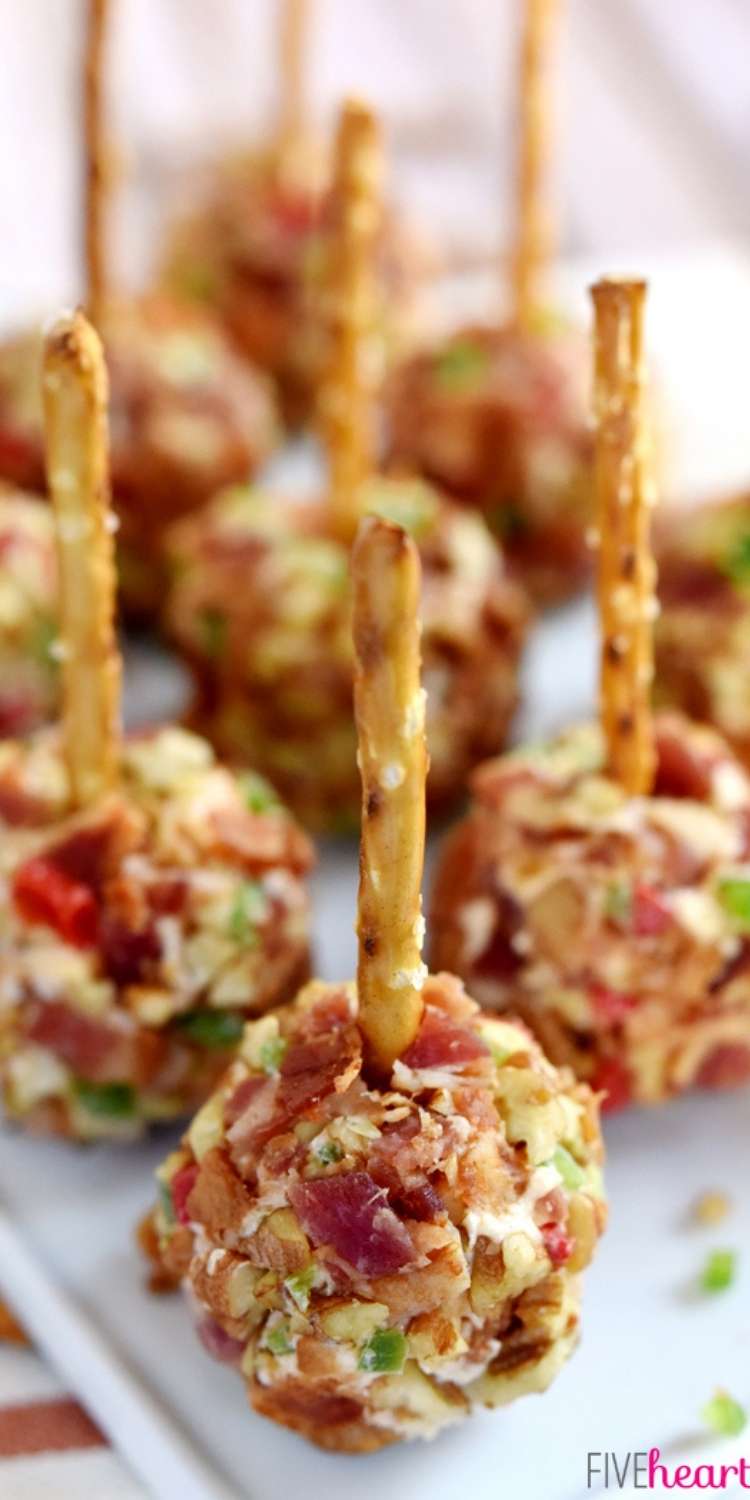 Mini cheese ball bites on a stick- incl. cheese, bacon, and scallions