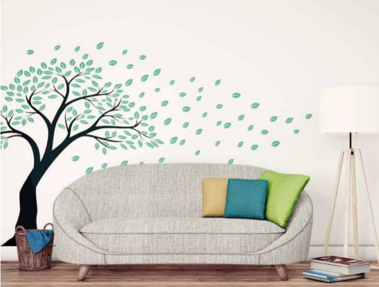 apartment decorating ideas: room with a couch and a tree wall decal