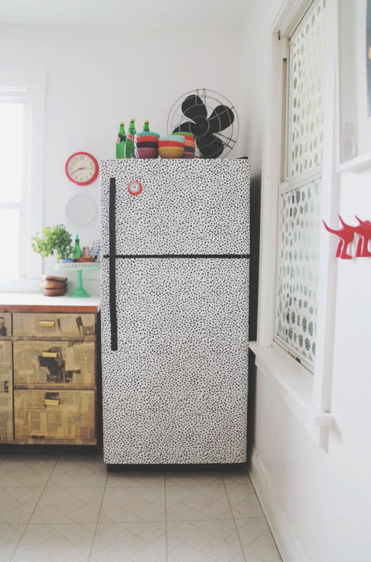 decorative wallpapered fridge for an apartment