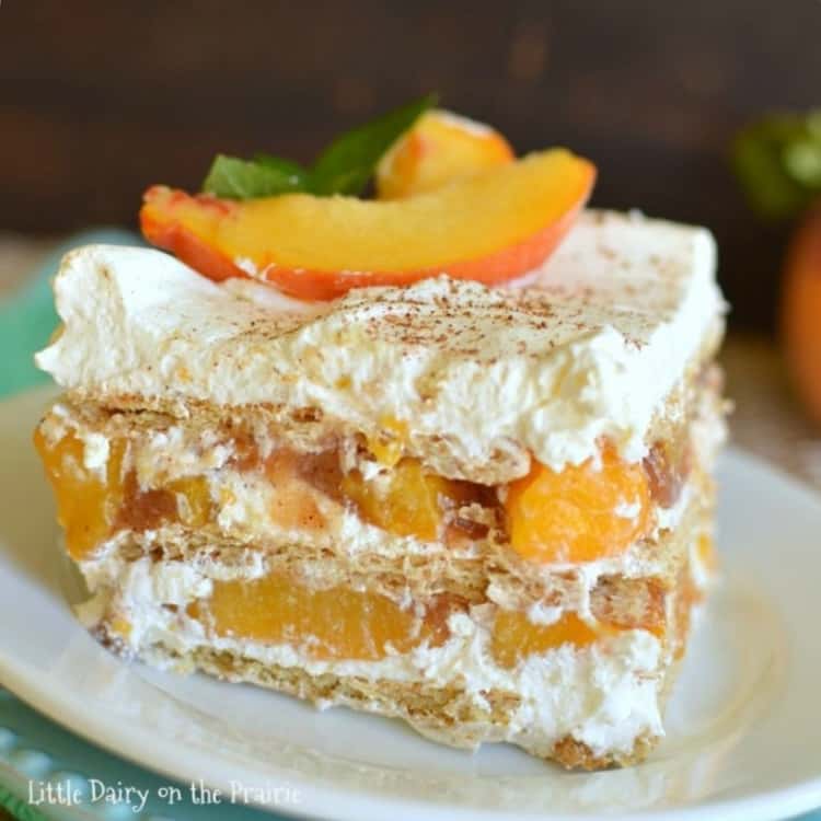 Peach Icebox Cake with peach slices on top