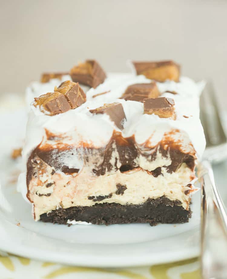A square slice of Peanut Butter Cup Icebox Cake 