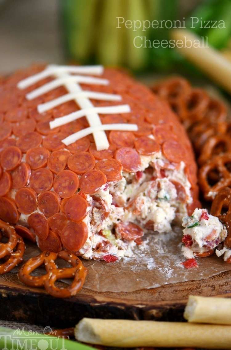 Football shaped, pepperoni pizza, cheeseball with pretzels