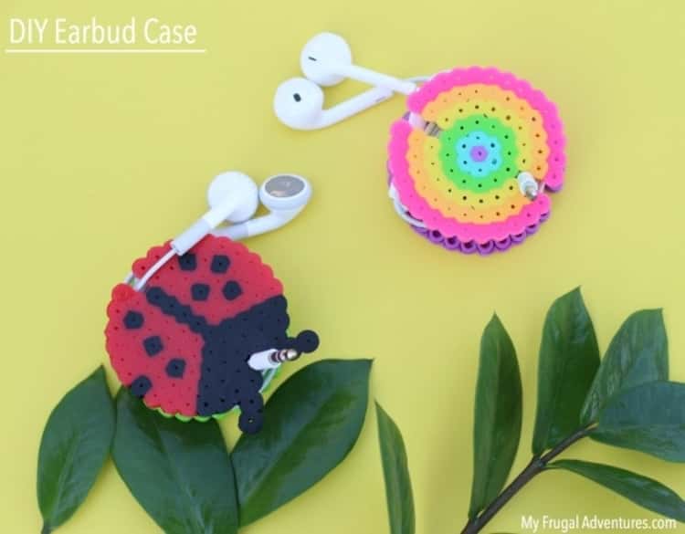 2 multicolored DIY Perler Beads earbuds cases