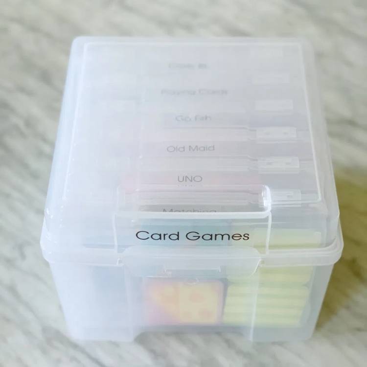 ways to organize toy playing cards - a photo organizer with labels on the different clear plastic nesting boxes