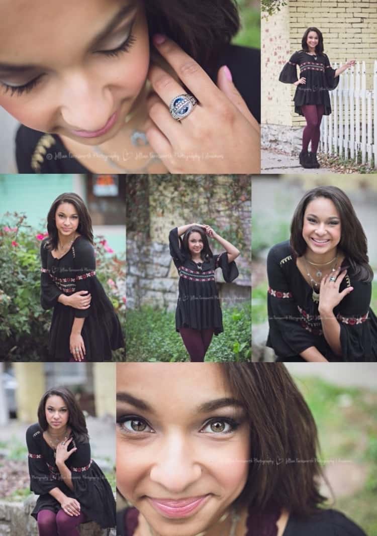 senior picture ideas for girls - 7-photo collage of girl in different poses showing off class ring 