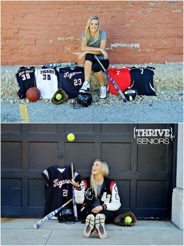 senior picture ideas for girls - 2-photo collage of girl seated down with an assortment of sports jerseys